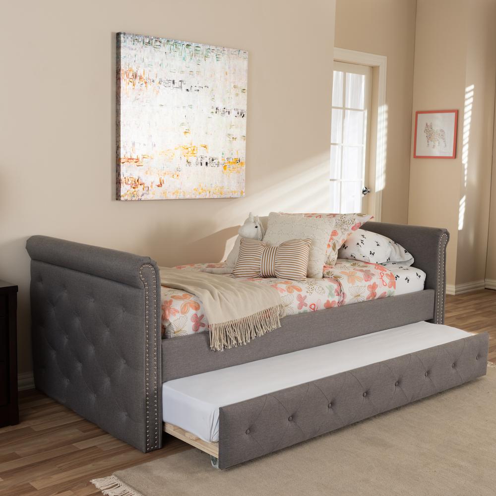 Grey Fabric Tufted Twin Size Daybed with Roll-out Trundle Guest Bed. Picture 14