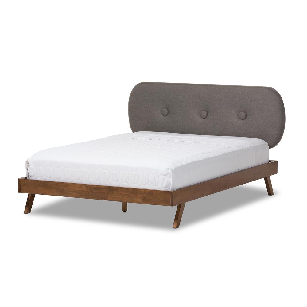 Solid Walnut Wood Grey Fabric Upholstered Full Size Platform Bed. Picture 9