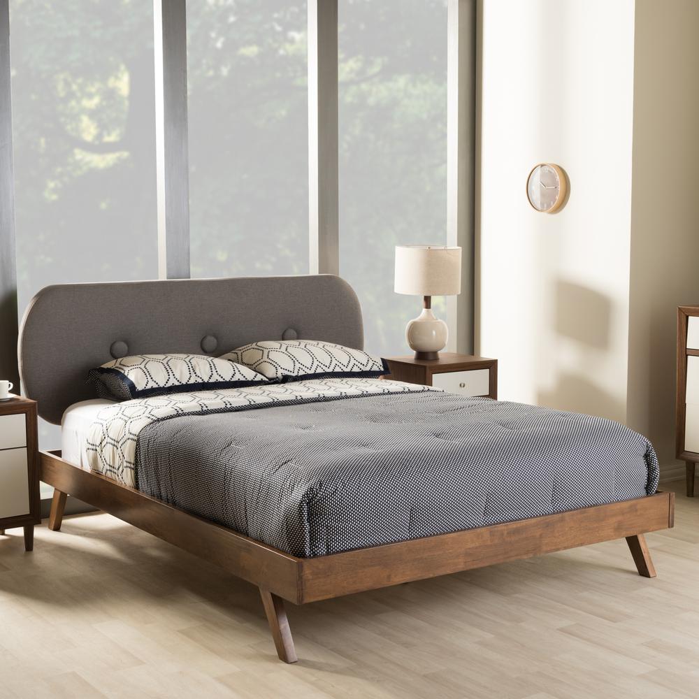 Solid Walnut Wood Grey Fabric Upholstered Full Size Platform Bed. Picture 13