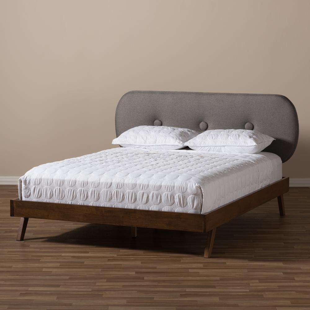 Solid Walnut Wood Grey Fabric Upholstered Full Size Platform Bed. Picture 14