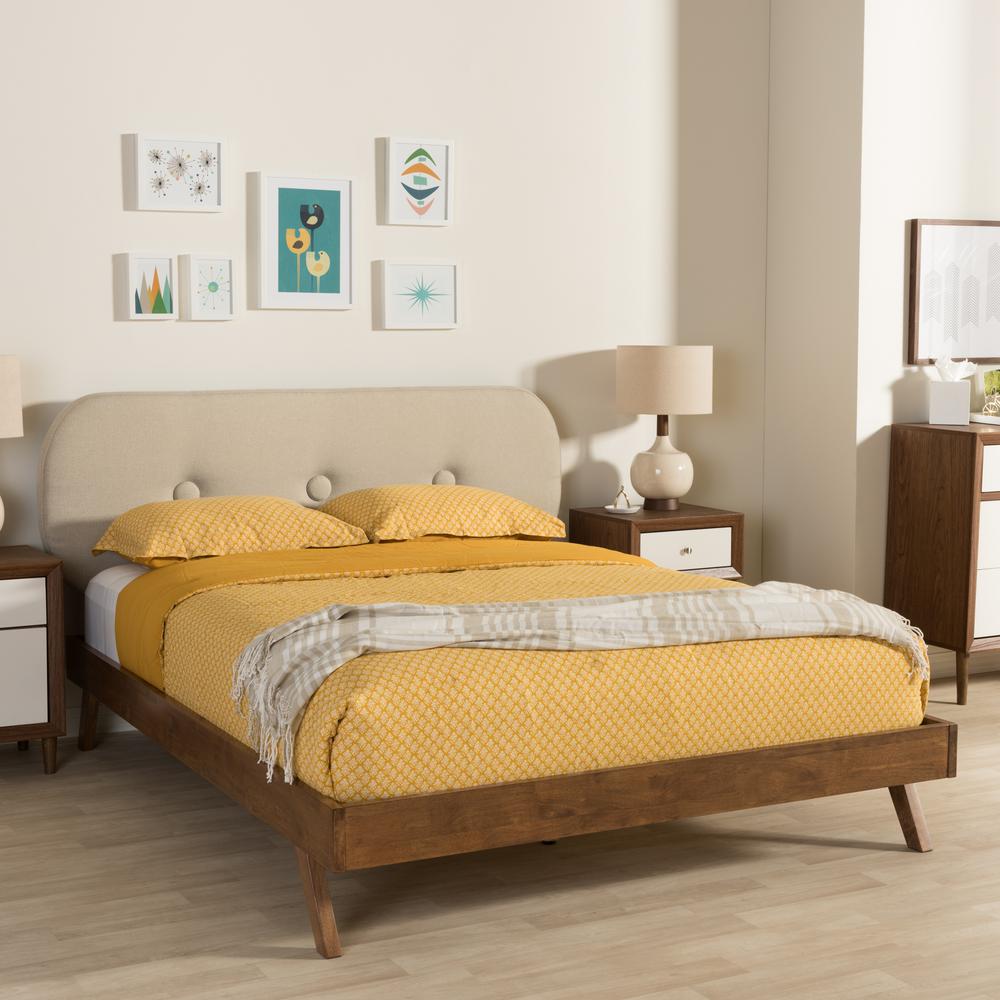 Solid Walnut Wood Light Beige Fabric Upholstered Queen Size Platform Bed. Picture 13