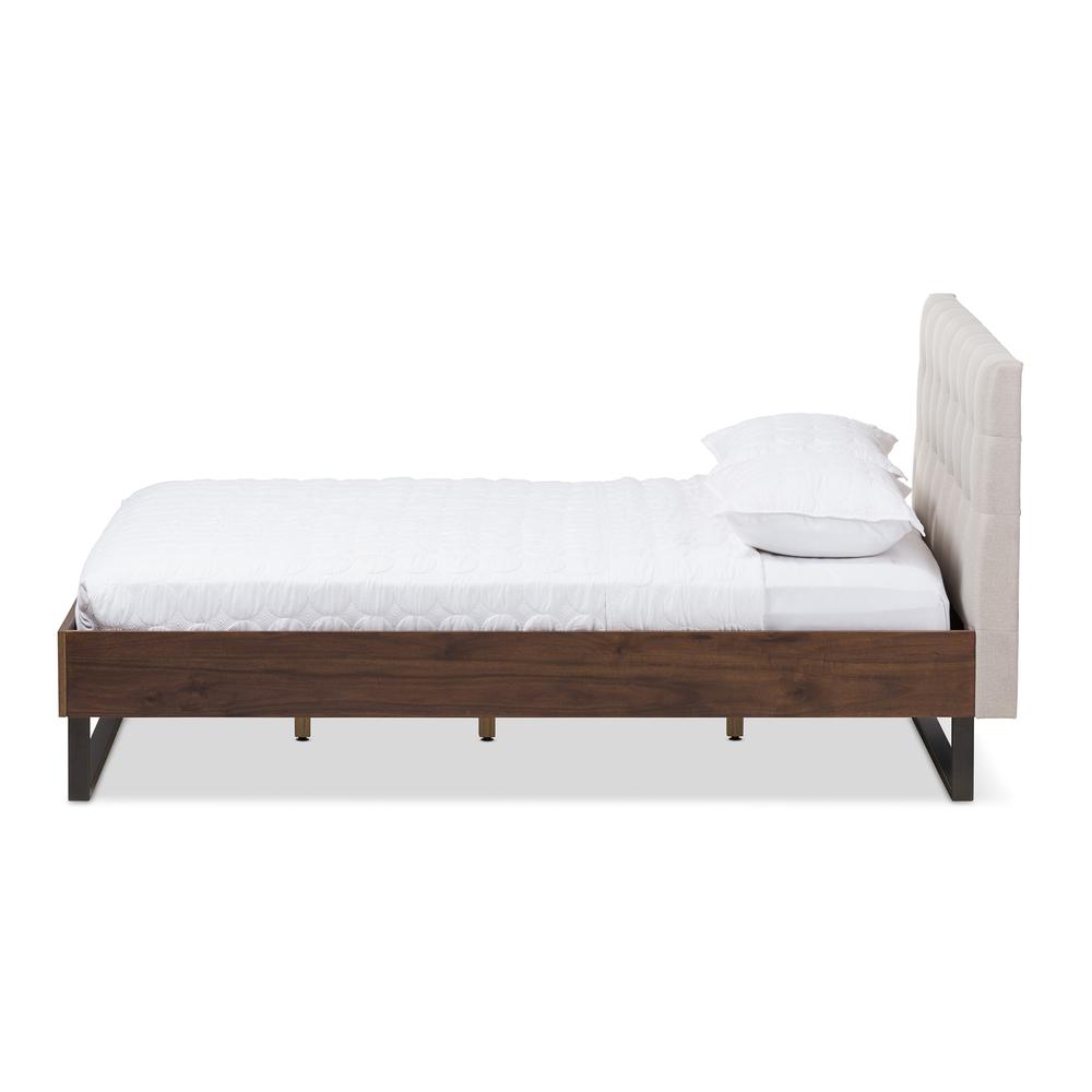 Industrial Walnut Wood Beige Fabric Dark Bronze Metal Queen Size Platform Bed. Picture 10
