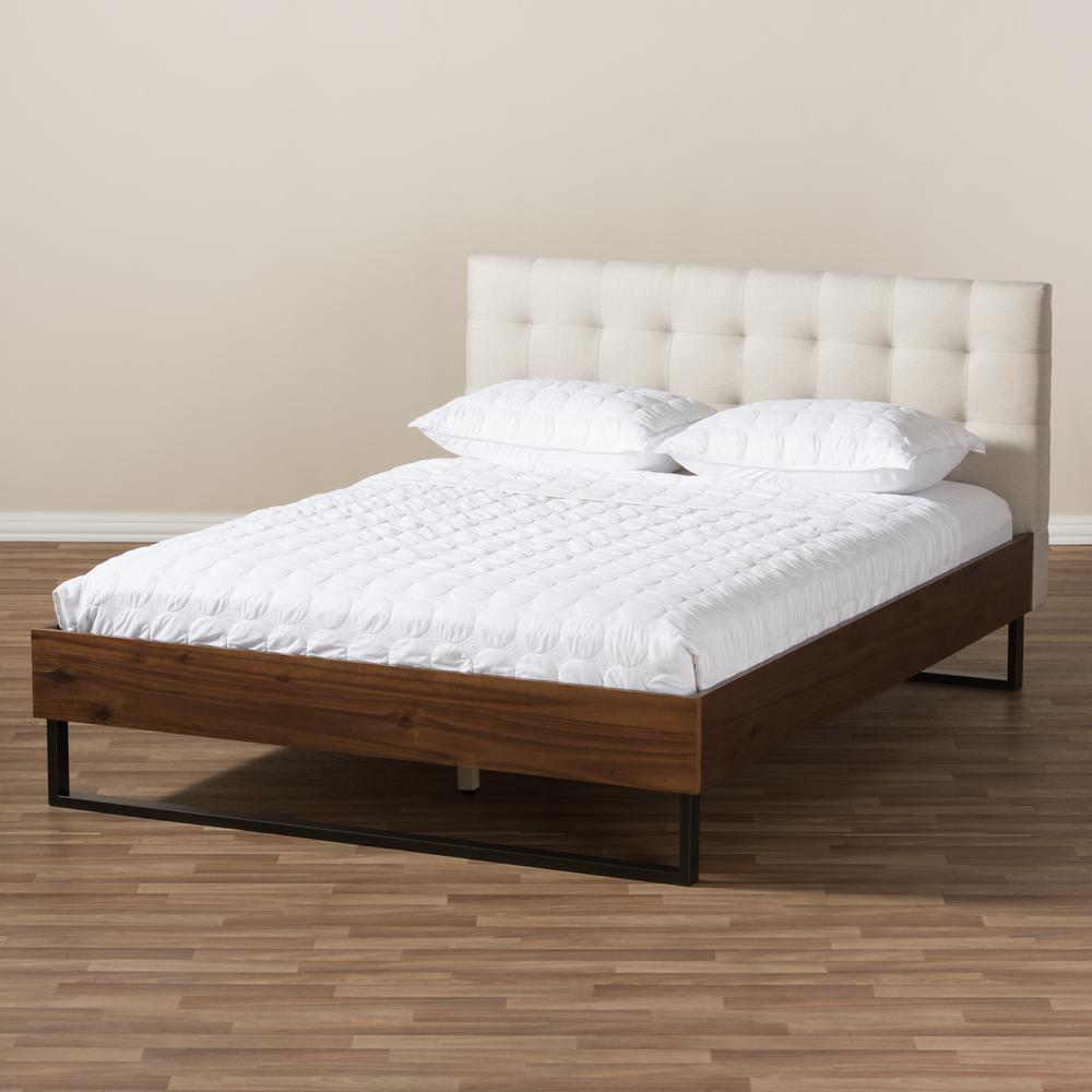 Industrial Walnut Wood Beige Fabric Dark Bronze Metal Queen Size Platform Bed. Picture 15