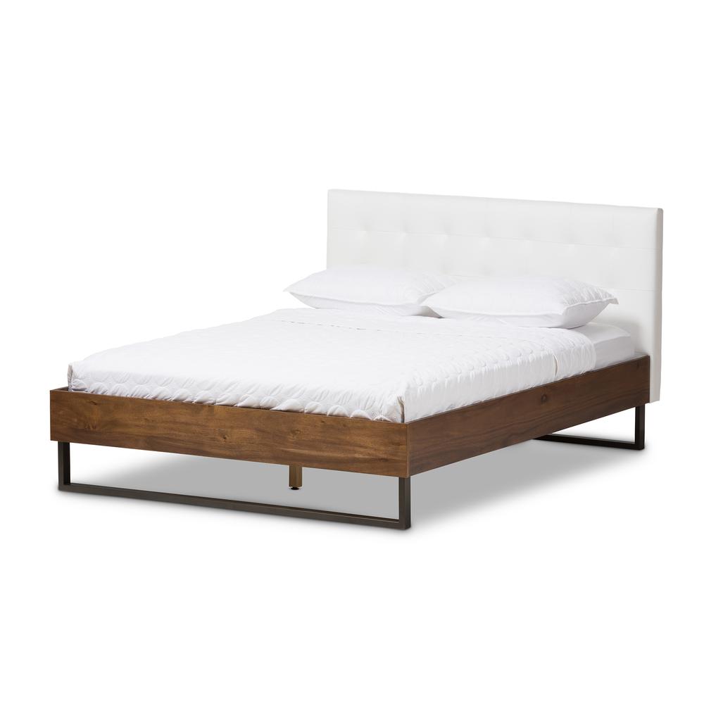 Walnut Wood White Faux Leather Dark Bronze Metal Queen Size Platform Bed. Picture 9
