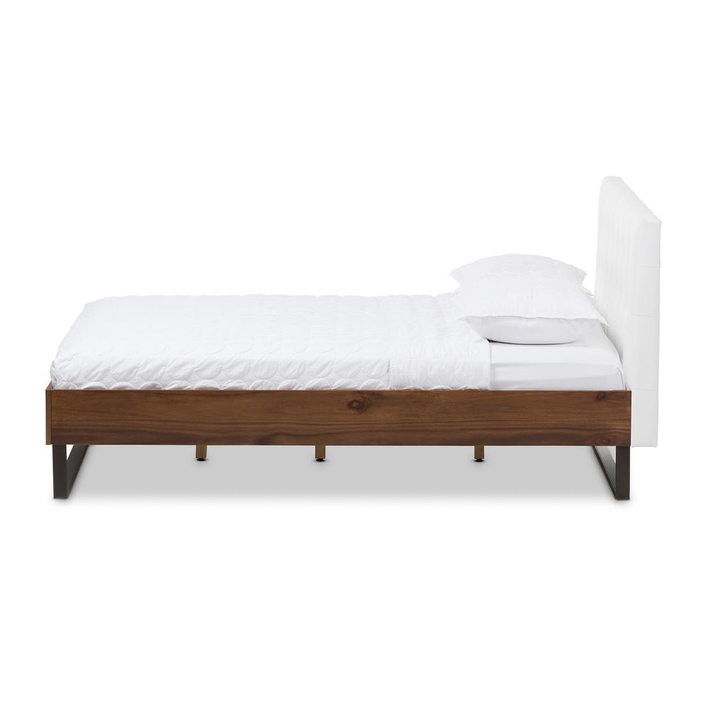 Walnut Wood White Faux Leather Dark Bronze Metal Queen Size Platform Bed. Picture 10