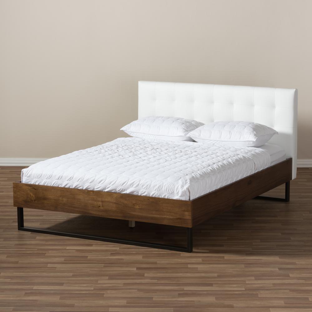 Walnut Wood White Faux Leather Dark Bronze Metal Queen Size Platform Bed. Picture 15