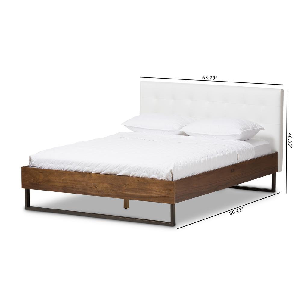 Walnut Wood White Faux Leather Dark Bronze Metal Queen Size Platform Bed. Picture 16