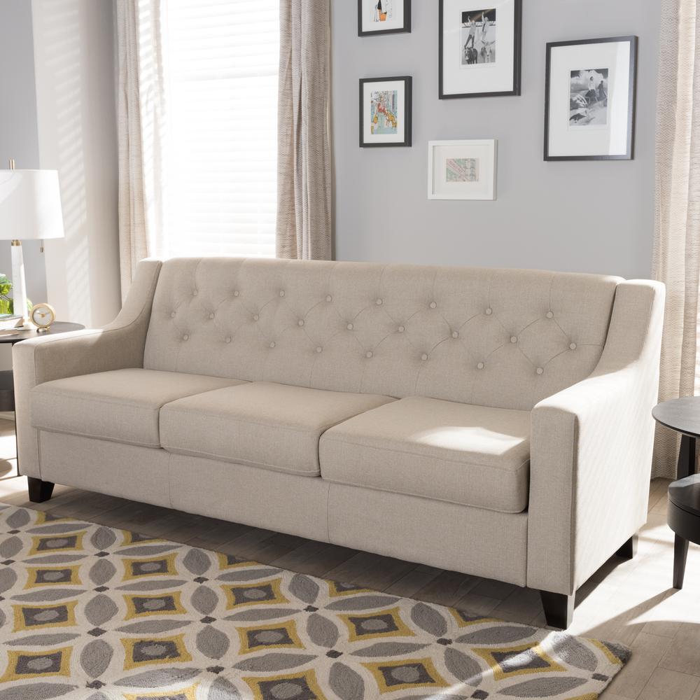 Light Beige Fabric Upholstered Button-Tufted Living Room 3-Seater Sofa. Picture 9