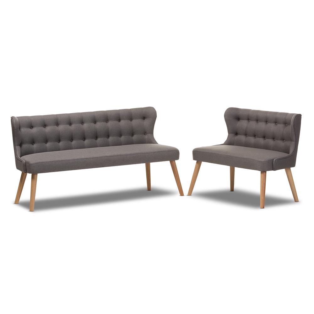 Melody Mid-Century Modern Natural Wood Finishing Grey Fabric 2-Piece Settee Set. Picture 6