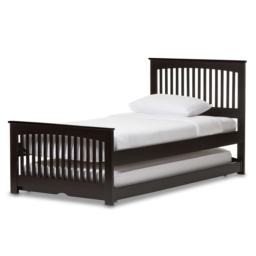 Hevea Twin Size Dark Brown Solid Wood Platform Bed with Guest Trundle Bed. Picture 8
