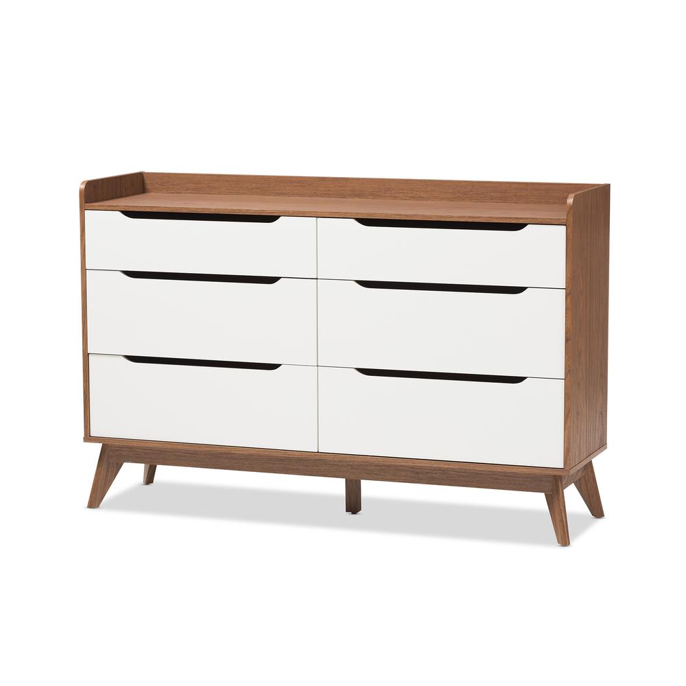 Brighton Mid-Century Modern White and Walnut Wood 6-Drawer Storage Dresser. Picture 9