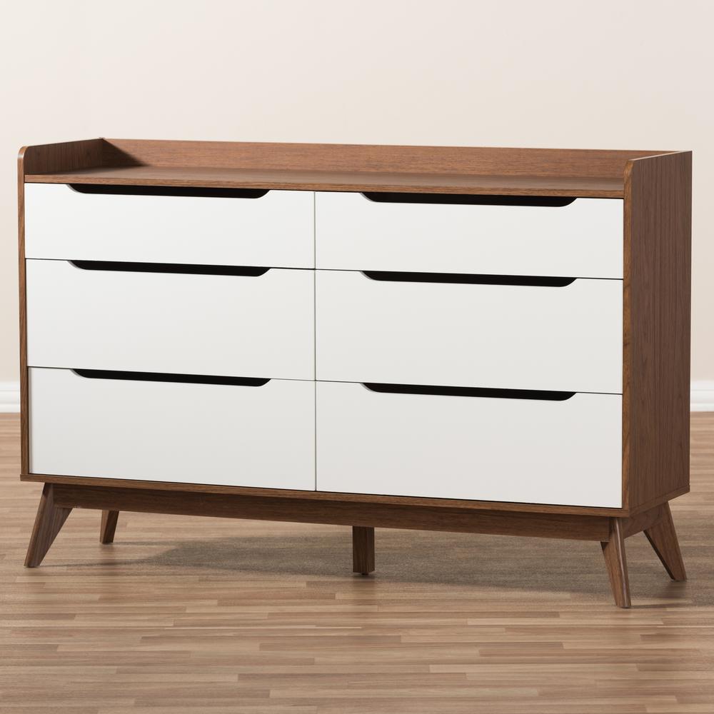 Brighton Mid-Century Modern White and Walnut Wood 6-Drawer Storage Dresser. Picture 15