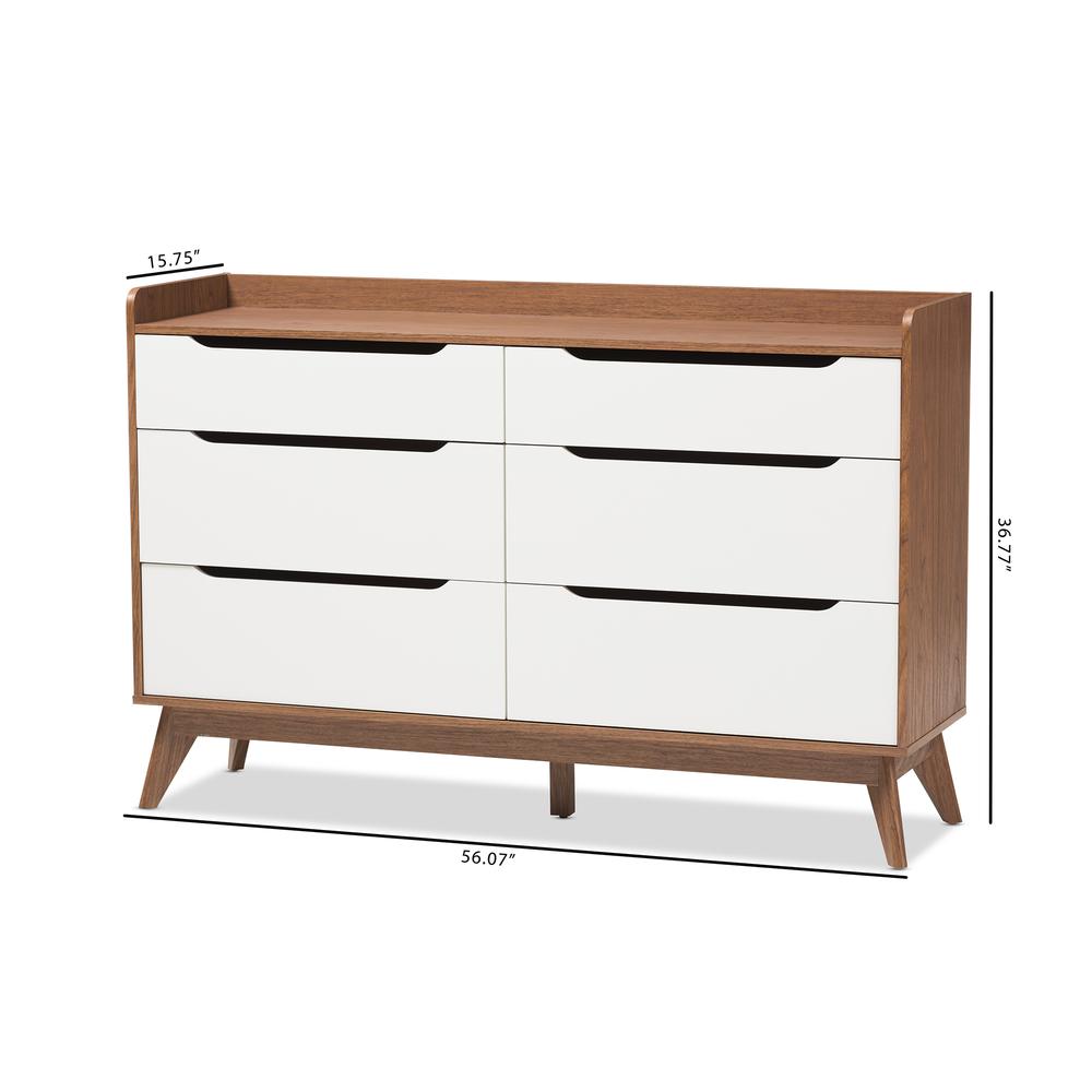 Brighton Mid-Century Modern White and Walnut Wood 6-Drawer Storage Dresser. Picture 16
