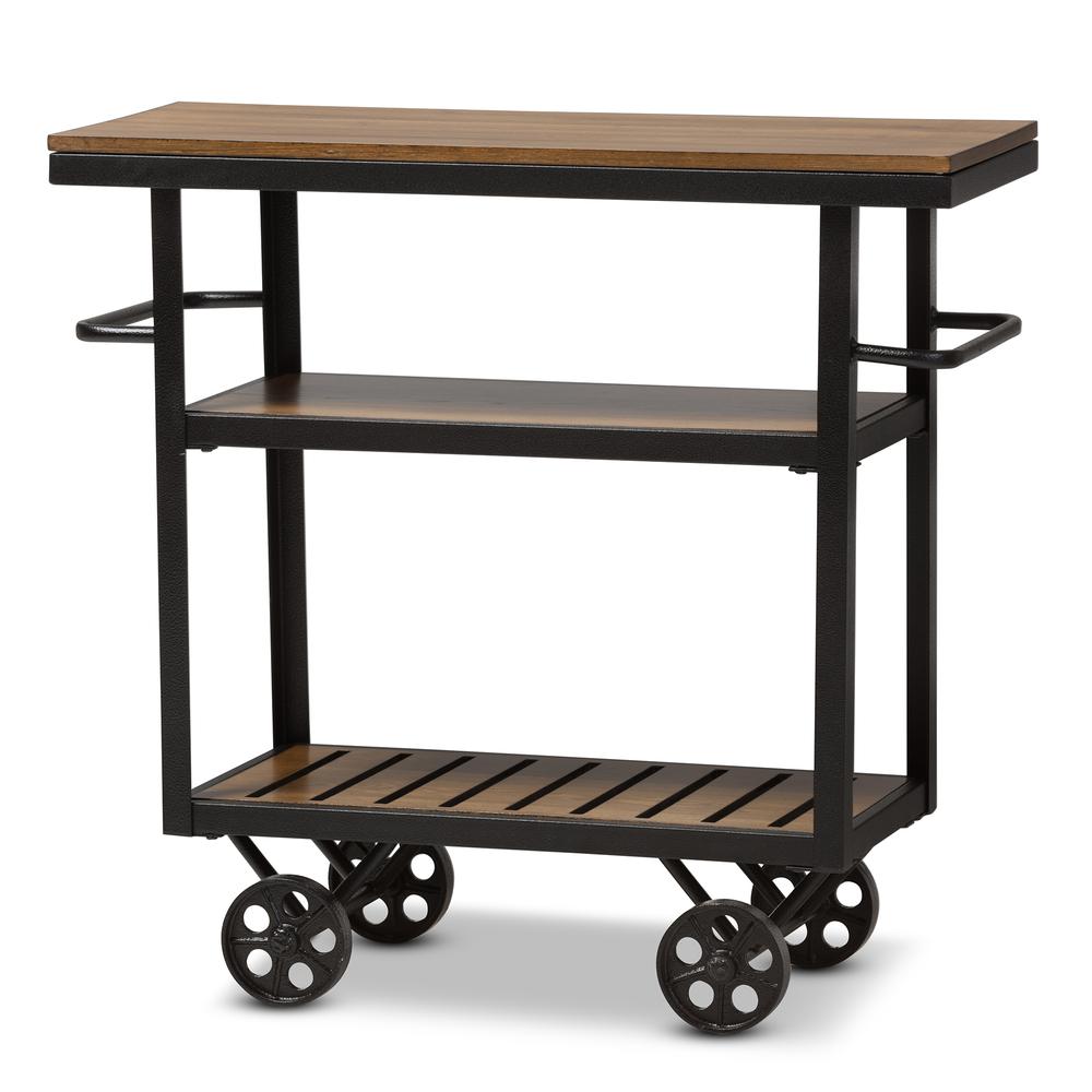 Antique Black Textured Finished Metal Distressed Wood Mobile Serving Cart. Picture 7
