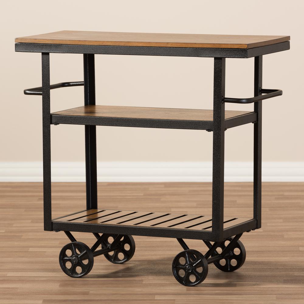 Antique Black Textured Finished Metal Distressed Wood Mobile Serving Cart. Picture 12