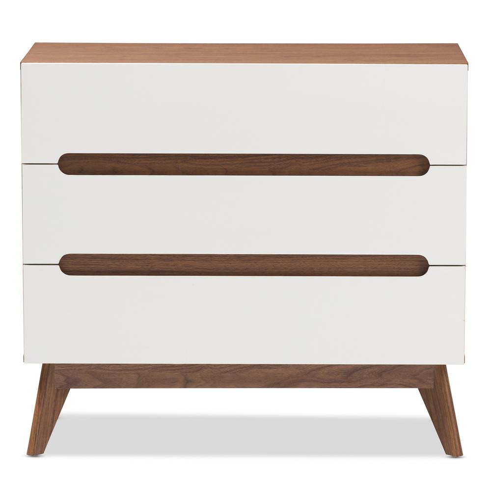 Calypso Mid-Century Modern White and Walnut Wood 3-Drawer Storage Chest. Picture 11