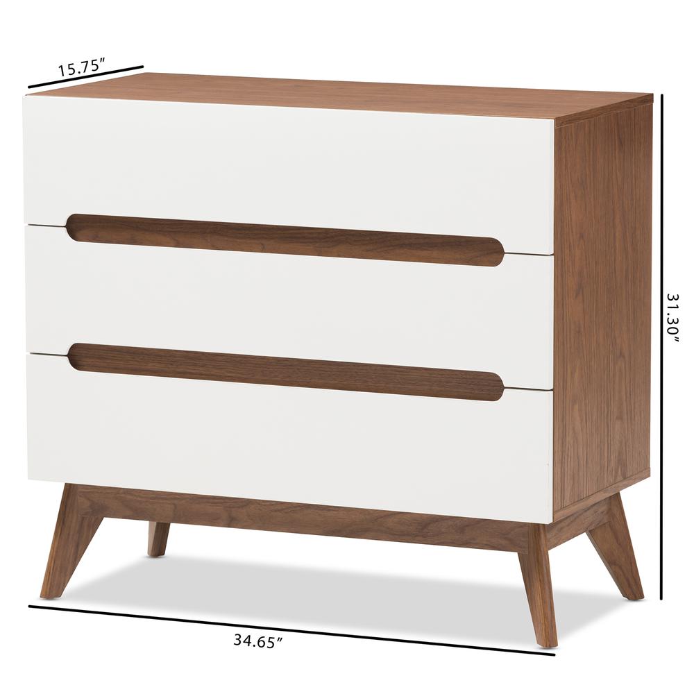 Calypso Mid-Century Modern White and Walnut Wood 3-Drawer Storage Chest. Picture 16