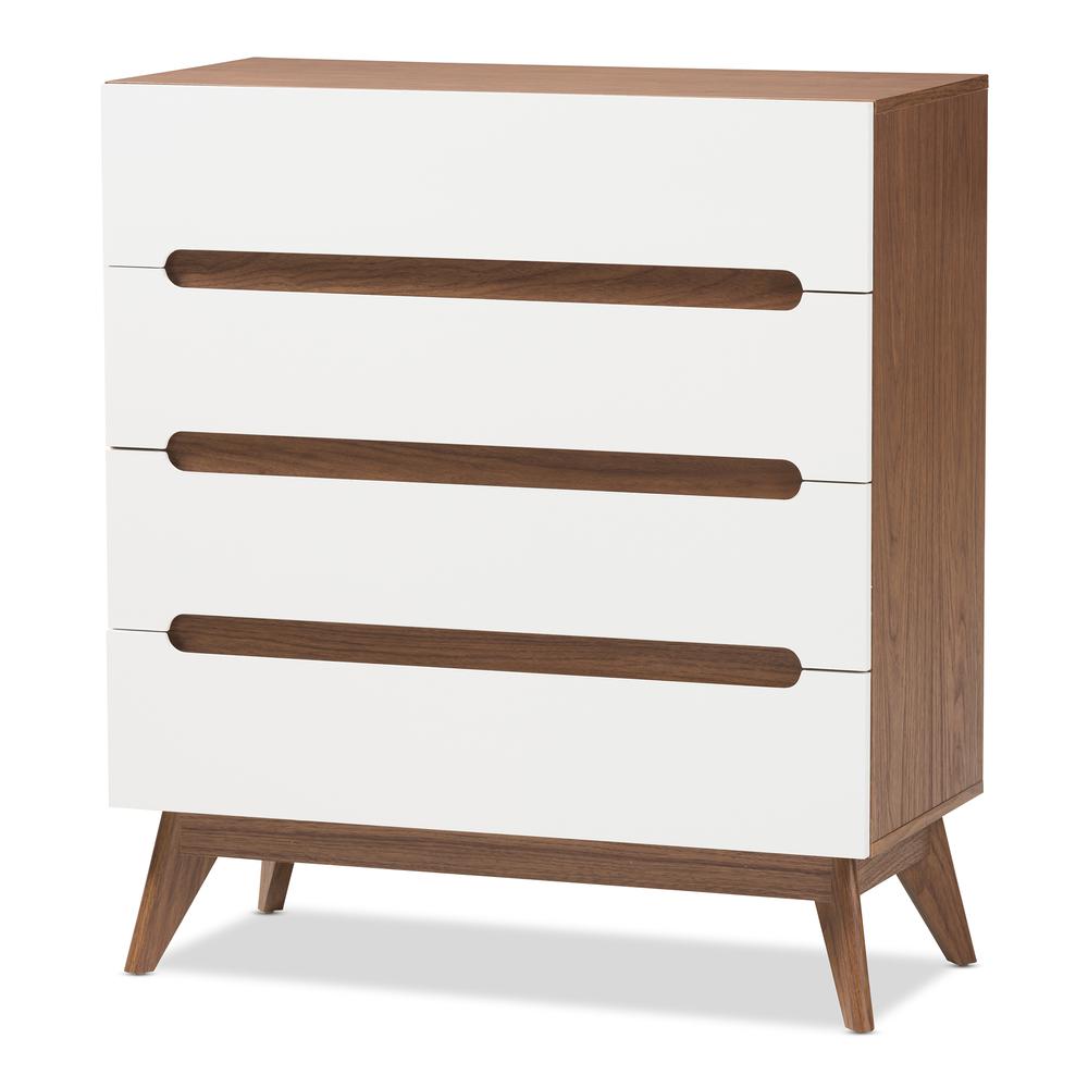 Calypso Mid-Century Modern White and Walnut Wood 4-Drawer Storage Chest. Picture 9