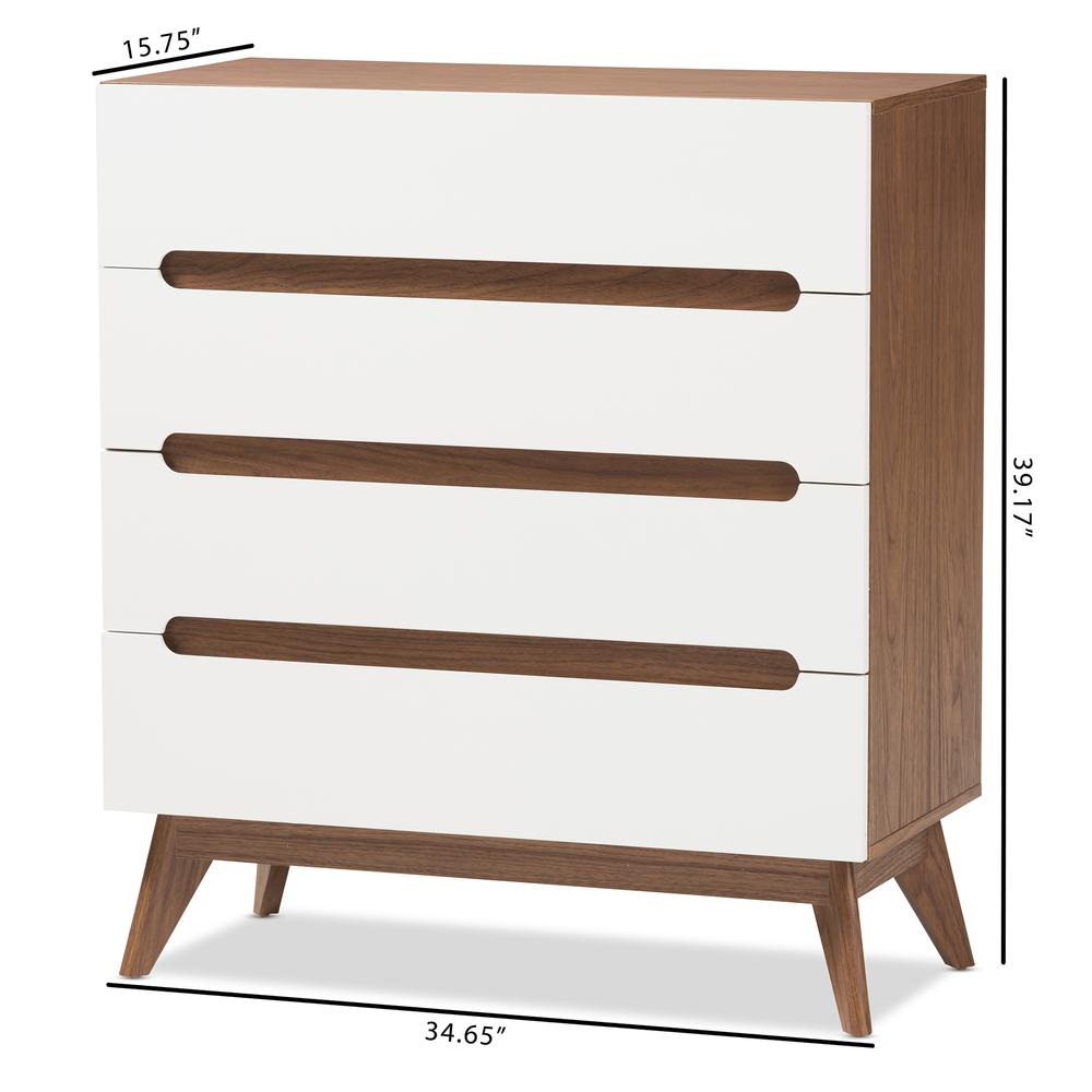 Calypso Mid-Century Modern White and Walnut Wood 4-Drawer Storage Chest. Picture 16