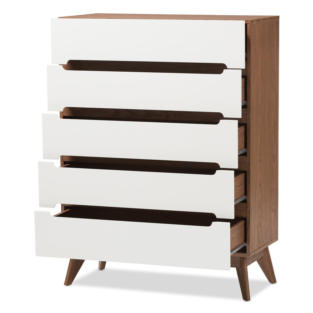 Calypso Mid-Century Modern White and Walnut Wood 5-Drawer Storage Chest. Picture 10