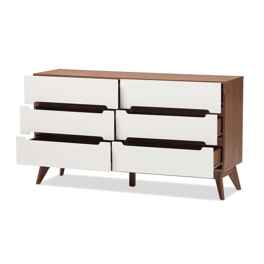 Calypso Mid-Century Modern White and Walnut Wood 6-Drawer Storage Dresser. Picture 10