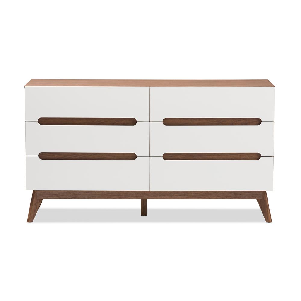Calypso Mid-Century Modern White and Walnut Wood 6-Drawer Storage Dresser. Picture 11
