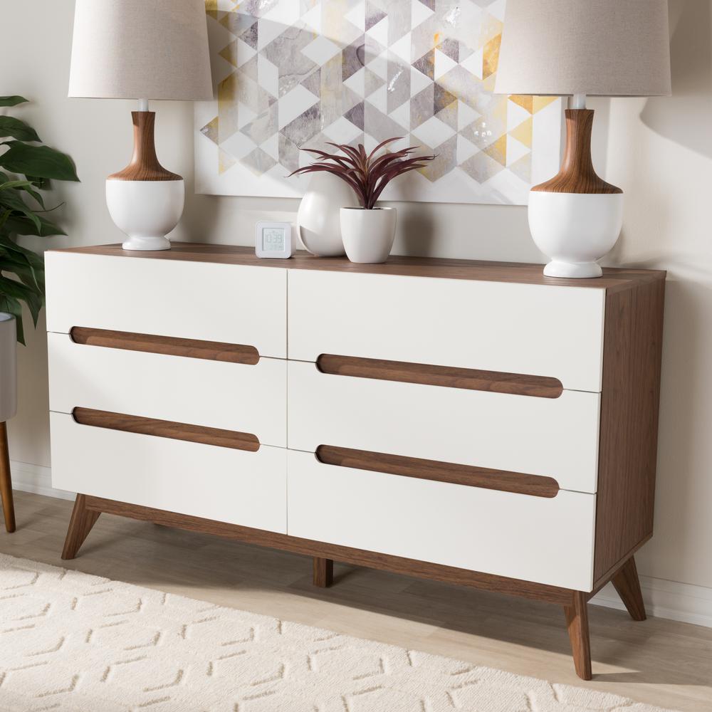 Calypso Mid-Century Modern White and Walnut Wood 6-Drawer Storage Dresser. Picture 14
