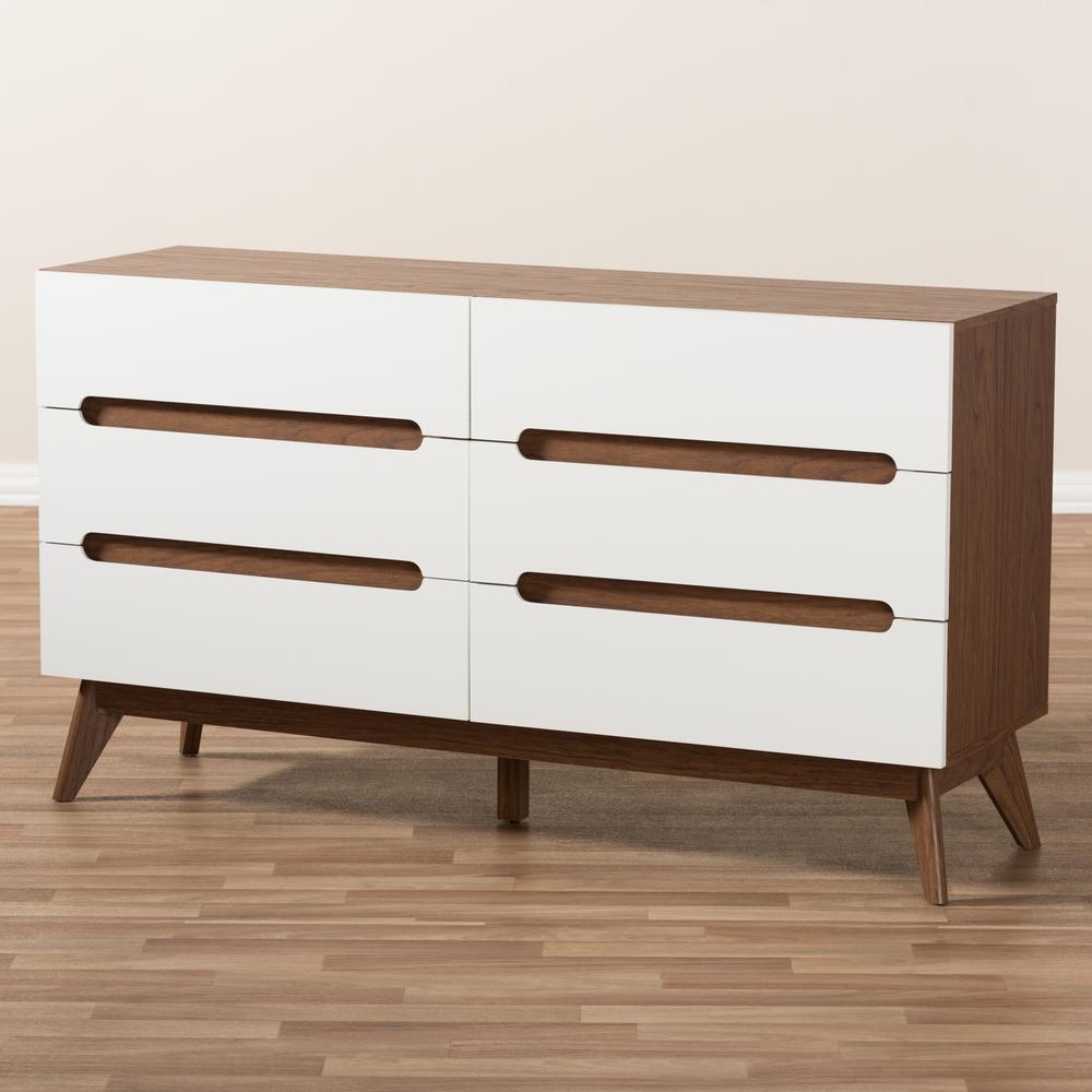 Calypso Mid-Century Modern White and Walnut Wood 6-Drawer Storage Dresser. Picture 15
