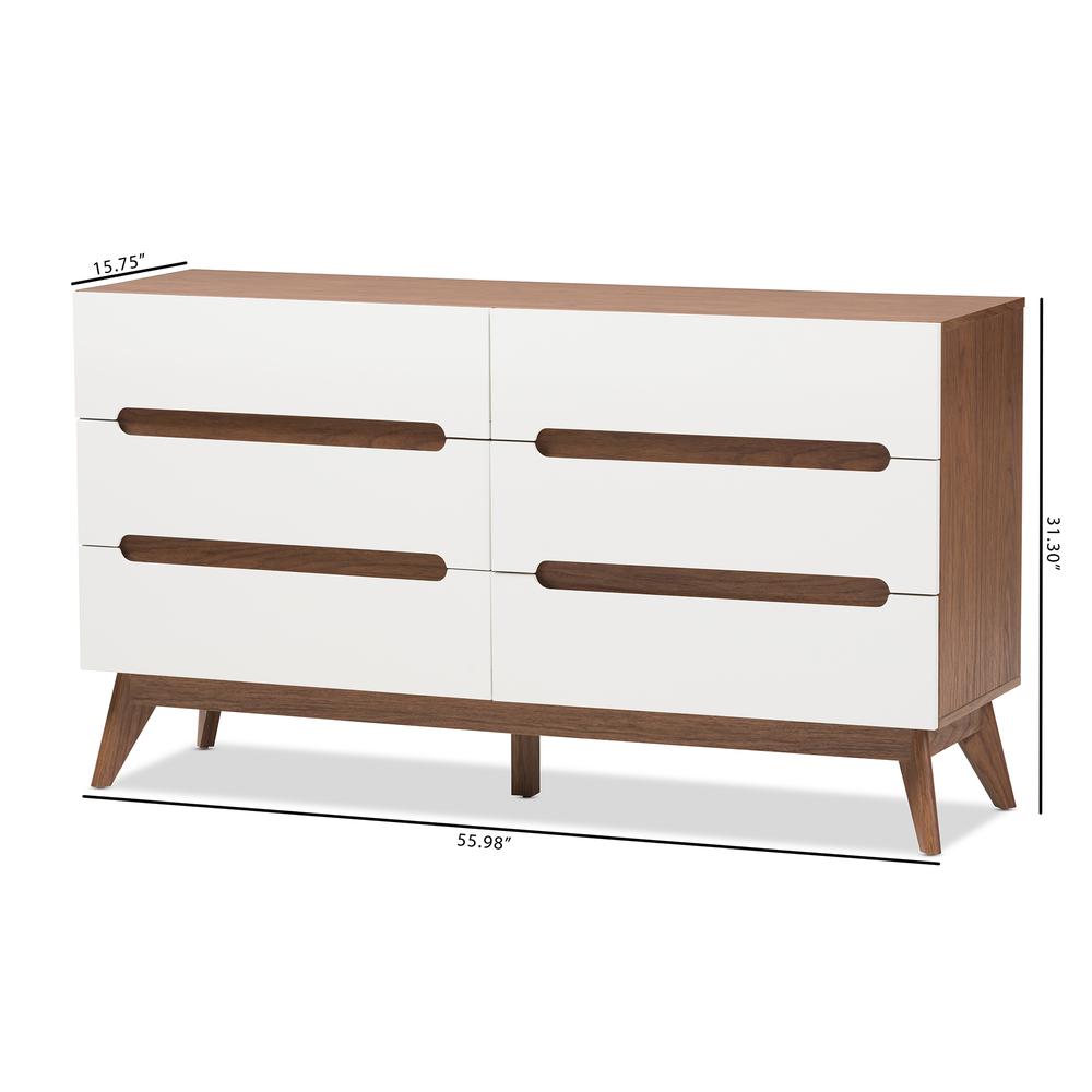 Calypso Mid-Century Modern White and Walnut Wood 6-Drawer Storage Dresser. Picture 16