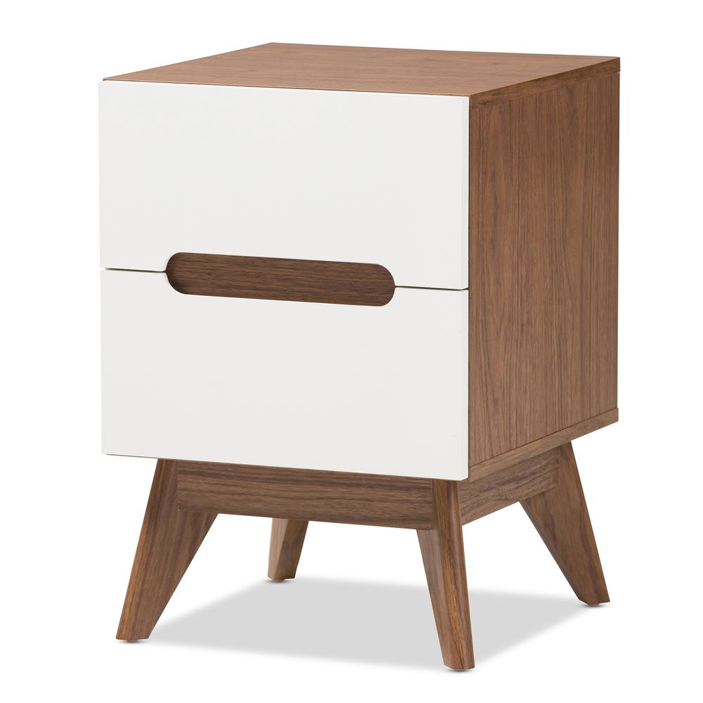 Calypso Mid-Century Modern White and Walnut Wood 3-Drawer Storage Nightstand. Picture 9