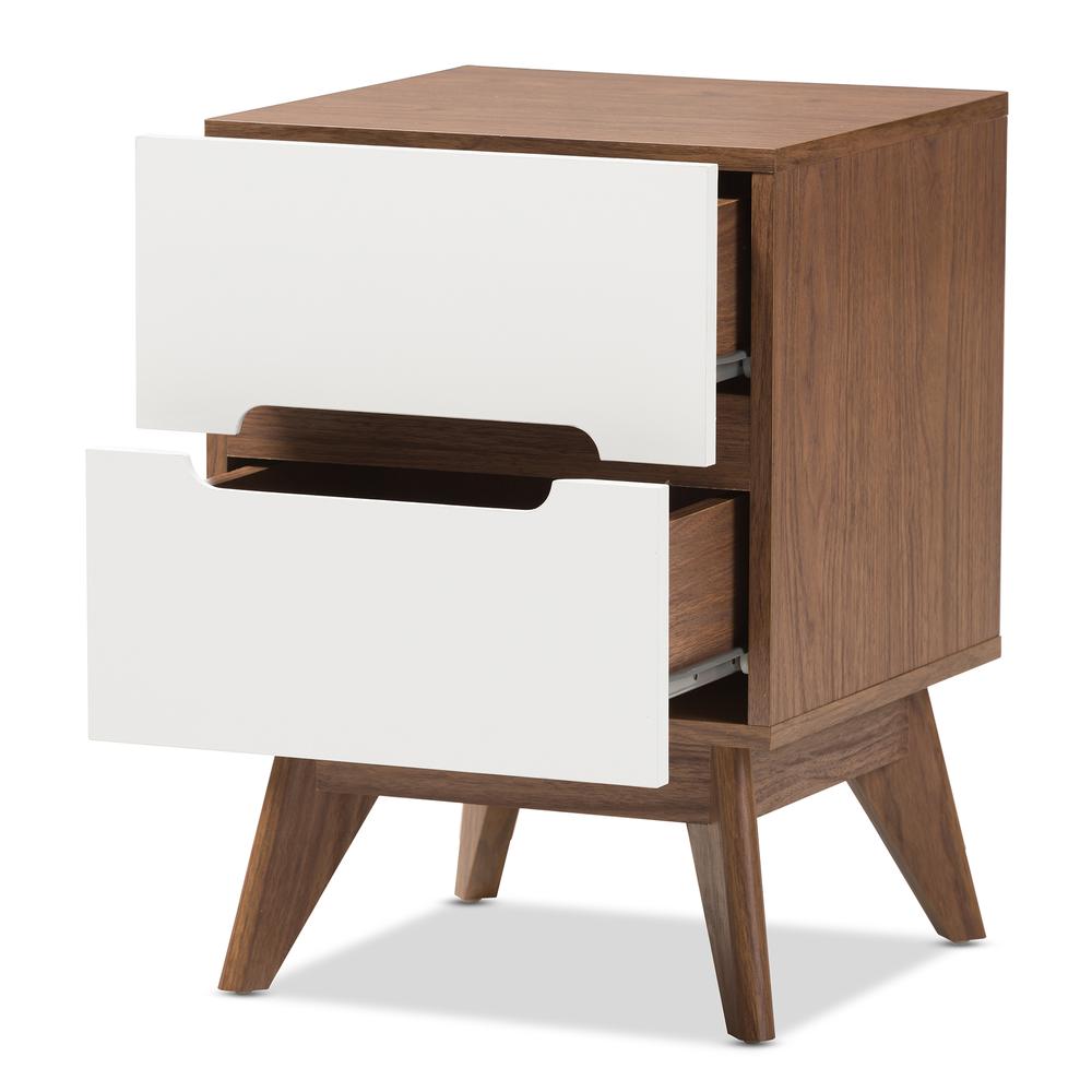 Calypso Mid-Century Modern White and Walnut Wood 3-Drawer Storage Nightstand. Picture 10