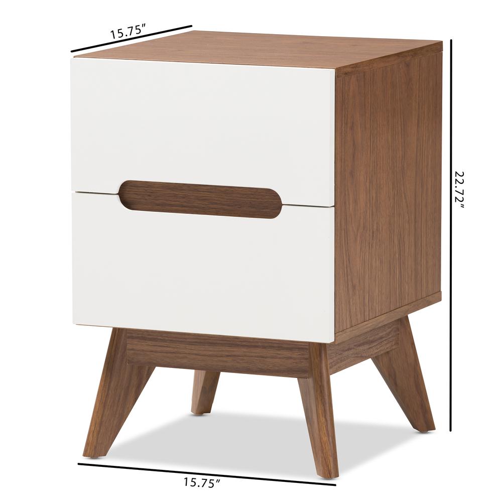 Calypso Mid-Century Modern White and Walnut Wood 3-Drawer Storage Nightstand. Picture 16