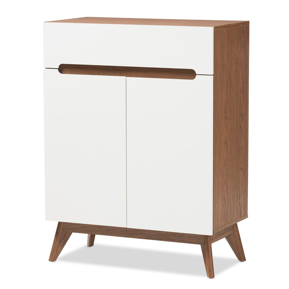 Calypso Mid-Century Modern White and Walnut Wood Storage Shoe Cabinet. Picture 10