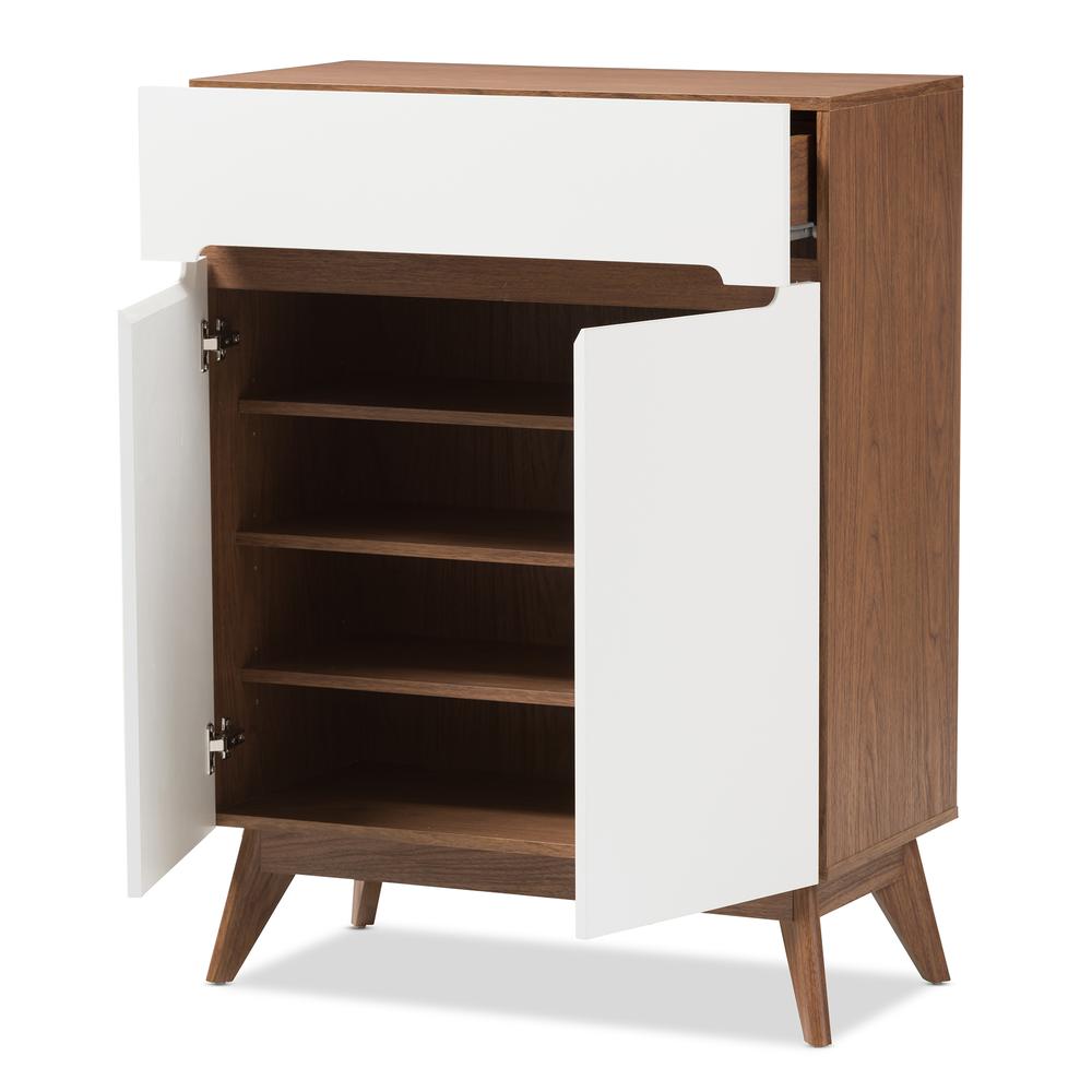Calypso Mid-Century Modern White and Walnut Wood Storage Shoe Cabinet. Picture 11