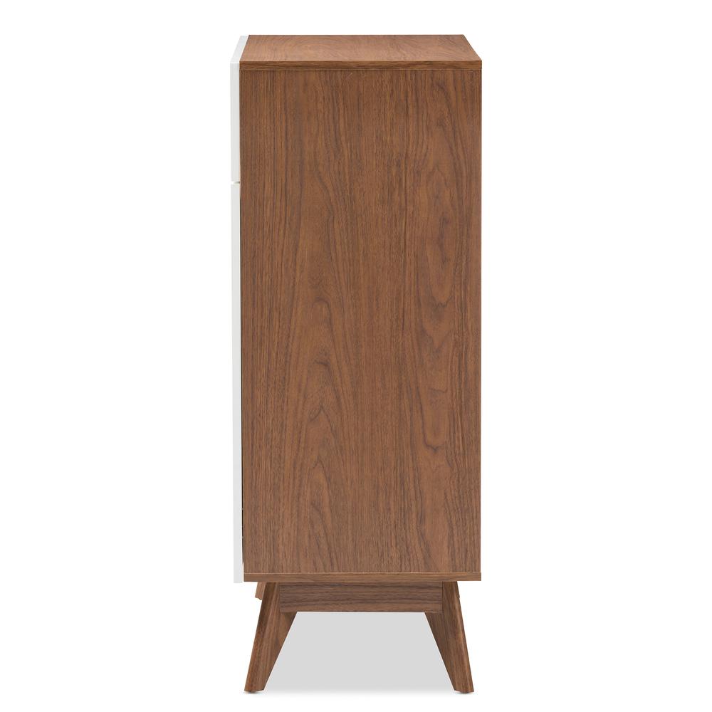 Calypso Mid-Century Modern White and Walnut Wood Storage Shoe Cabinet. Picture 13
