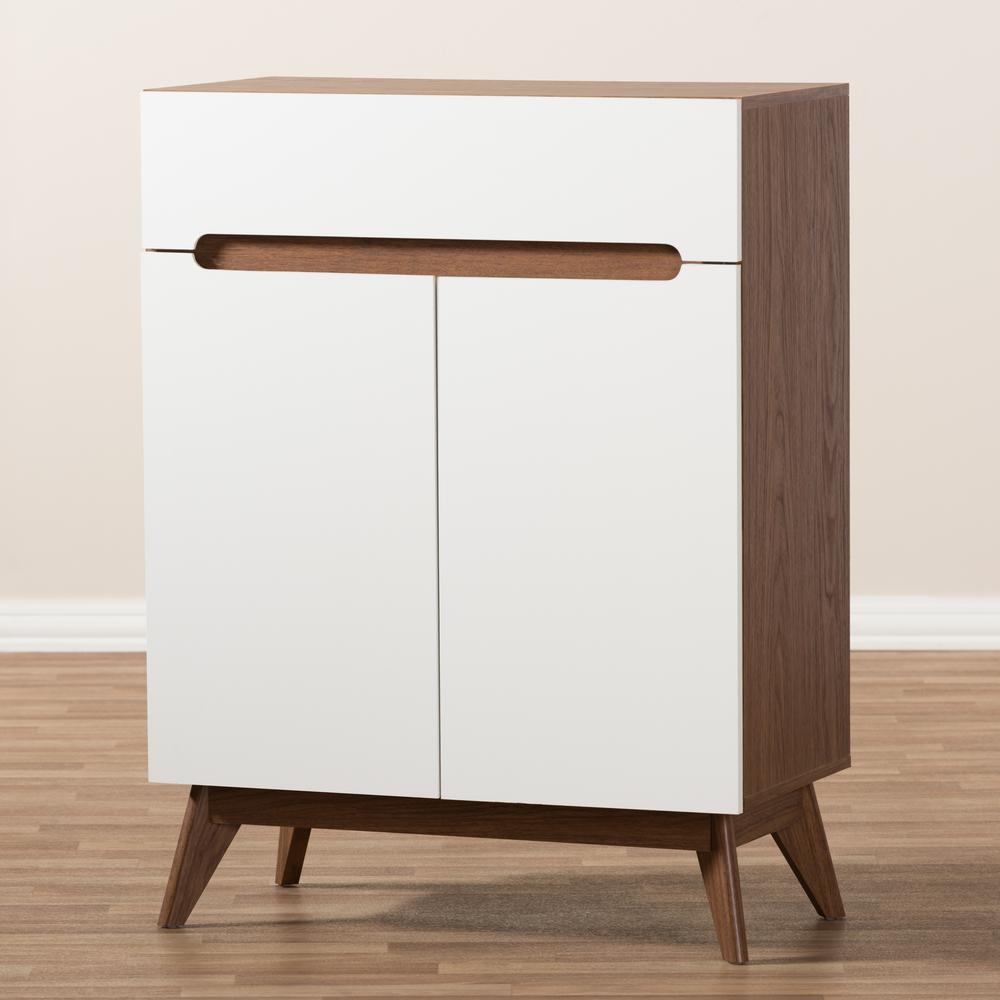 Calypso Mid-Century Modern White and Walnut Wood Storage Shoe Cabinet. Picture 17