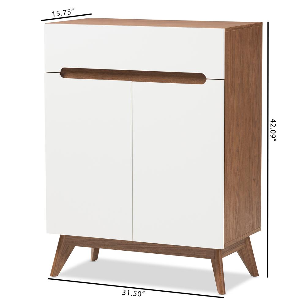 Calypso Mid-Century Modern White and Walnut Wood Storage Shoe Cabinet. Picture 18