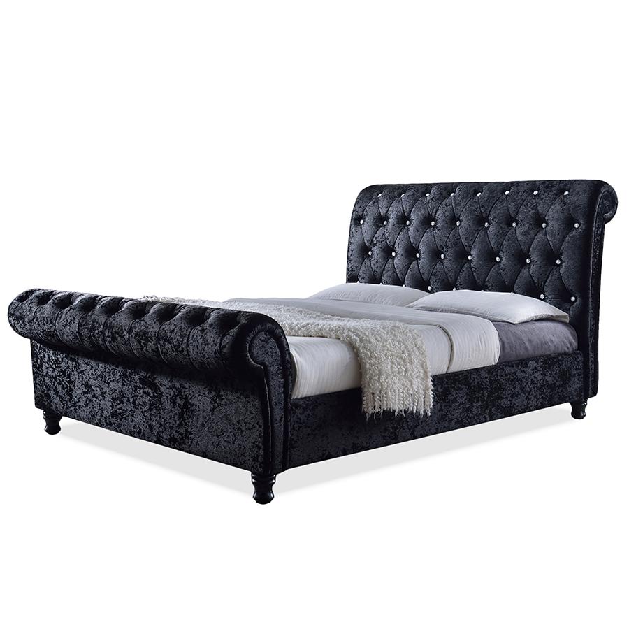 Castello Black Velvet Upholstered Faux Crystal-Buttoned Sleigh King Platform Bed. Picture 4