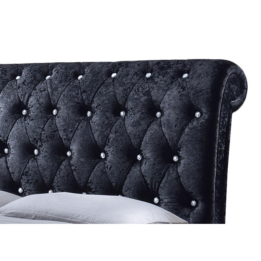 Castello Black Velvet Upholstered Faux Crystal-Buttoned Sleigh King Platform Bed. Picture 1