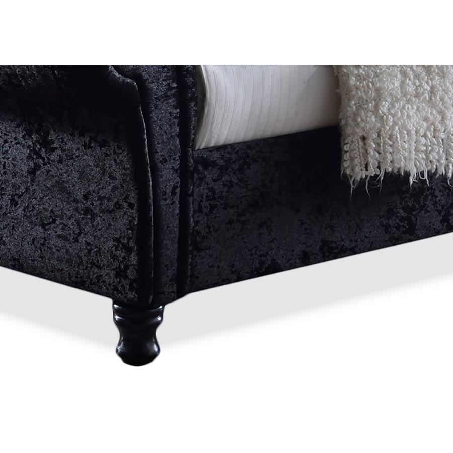 Castello Black Velvet Upholstered Faux Crystal-Buttoned Sleigh King Platform Bed. Picture 2