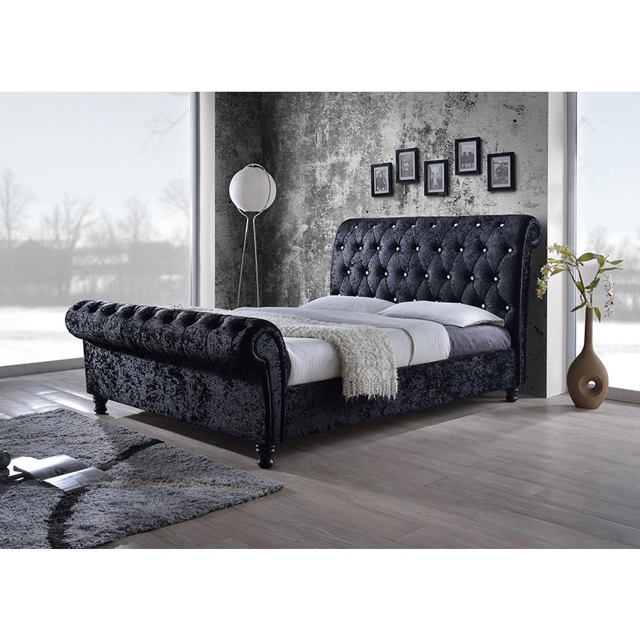 Castello Black Velvet Upholstered Faux Crystal-Buttoned Sleigh King Platform Bed. Picture 3