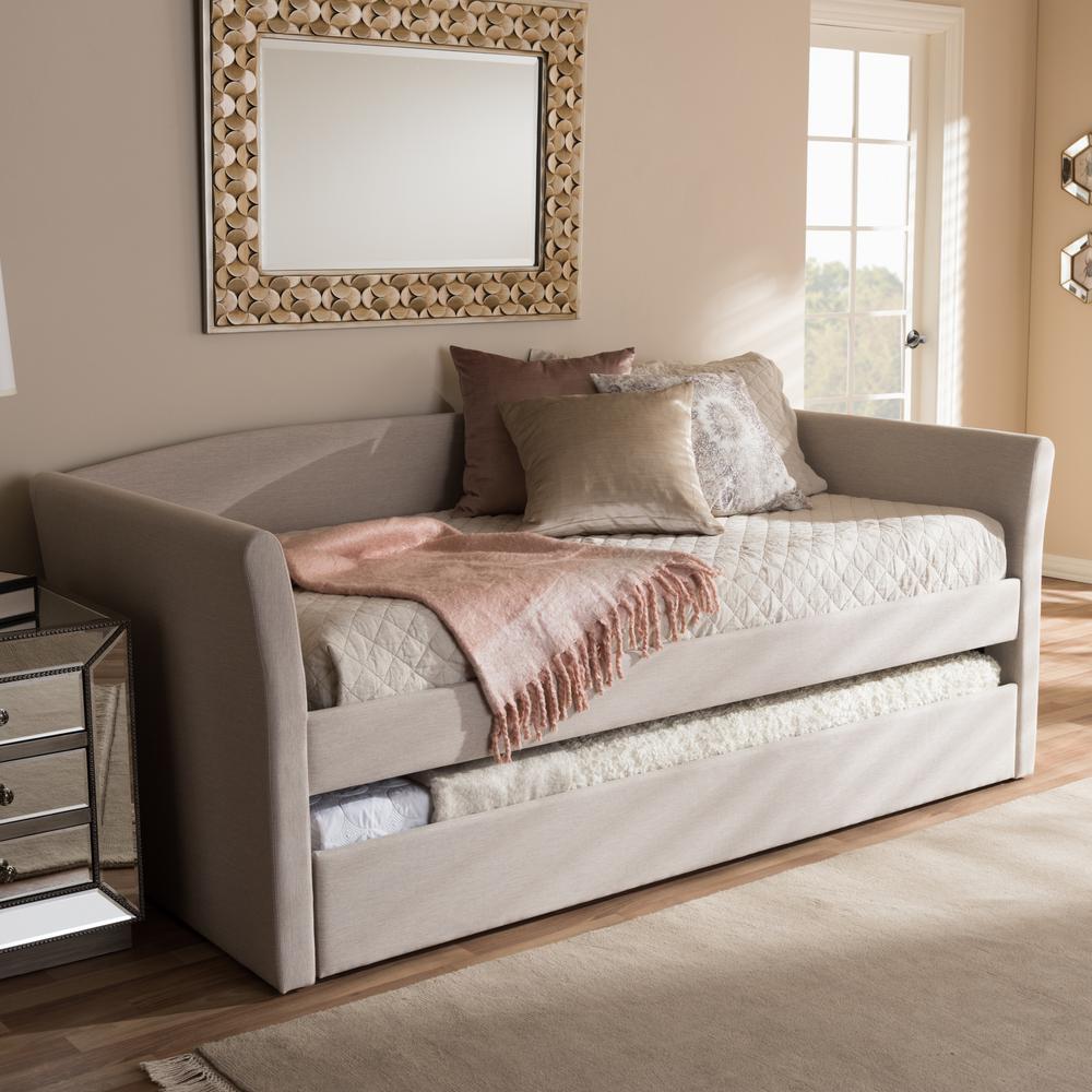 Beige Fabric Upholstered Daybed with Guest Trundle Bed. Picture 17