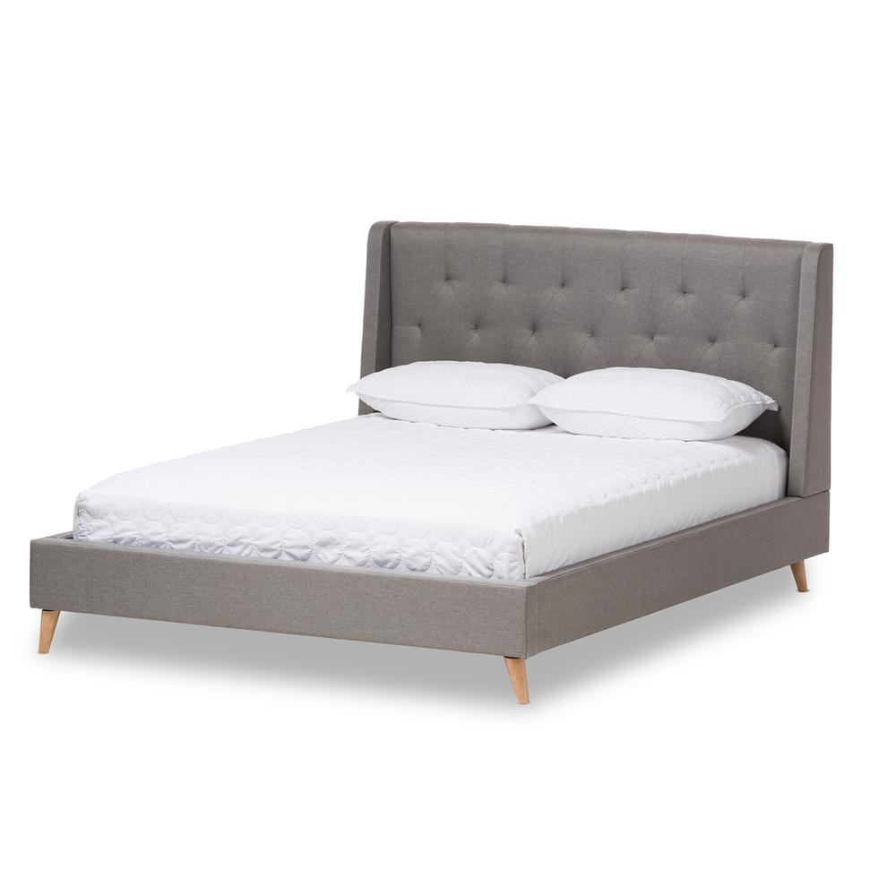 Adelaide Retro Modern Light Grey Fabric Upholstered Queen Size Platform Bed. Picture 9
