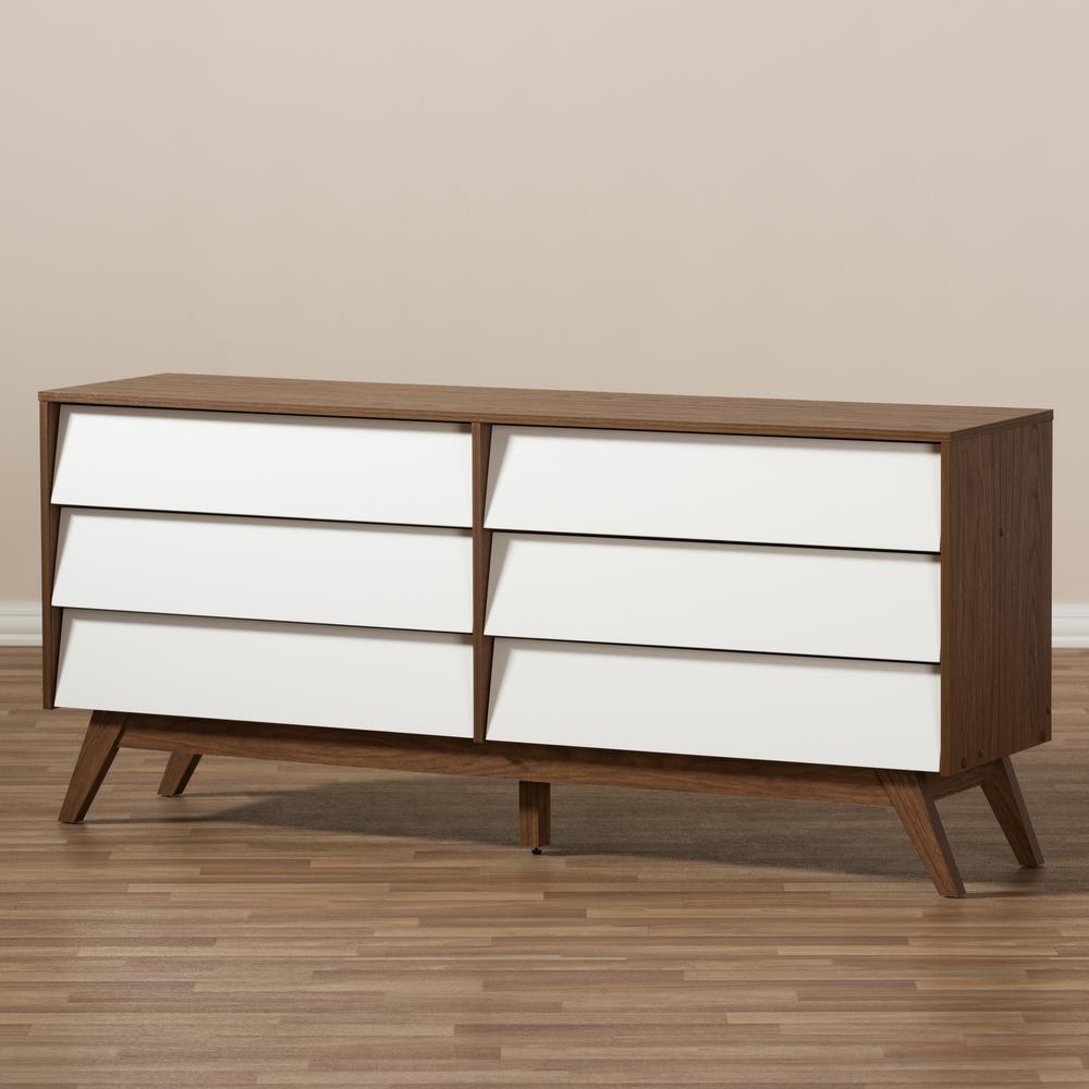 Hildon Mid-Century Modern White and Walnut Wood 6-Drawer Storage Dresser. Picture 13
