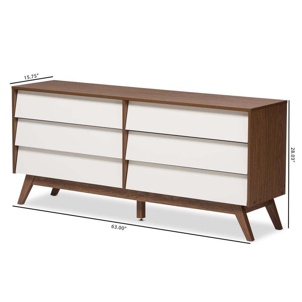 Hildon Mid-Century Modern White and Walnut Wood 6-Drawer Storage Dresser. Picture 14