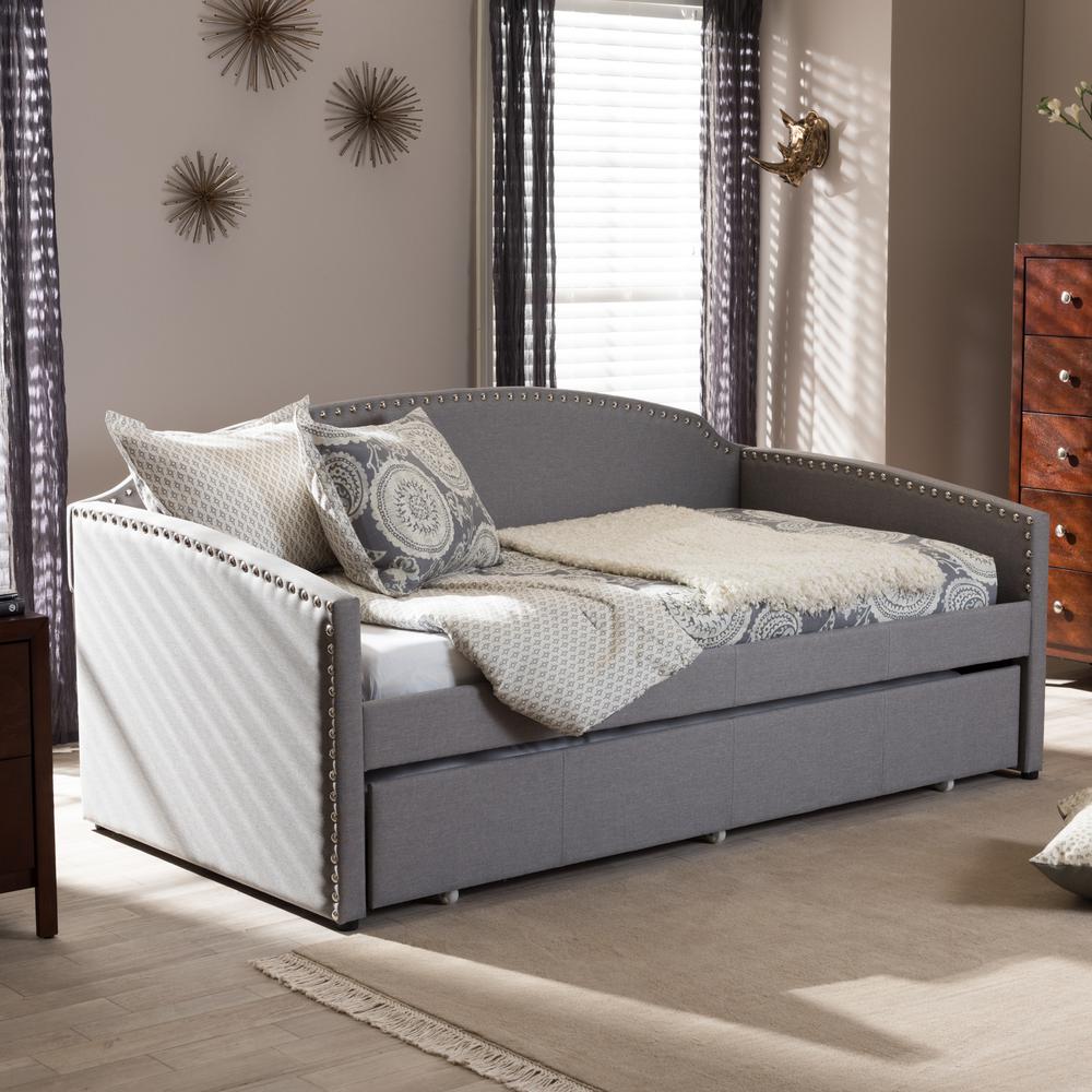 Nail Heads Trimmed Arched Back Sofa Twin Daybed with Roll-Out Trundle Guest Bed. Picture 10