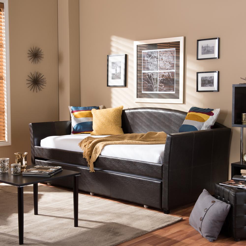 London Modern and Contemporary Brown Faux Leather Arched Back Sofa Twin Daybed. Picture 10