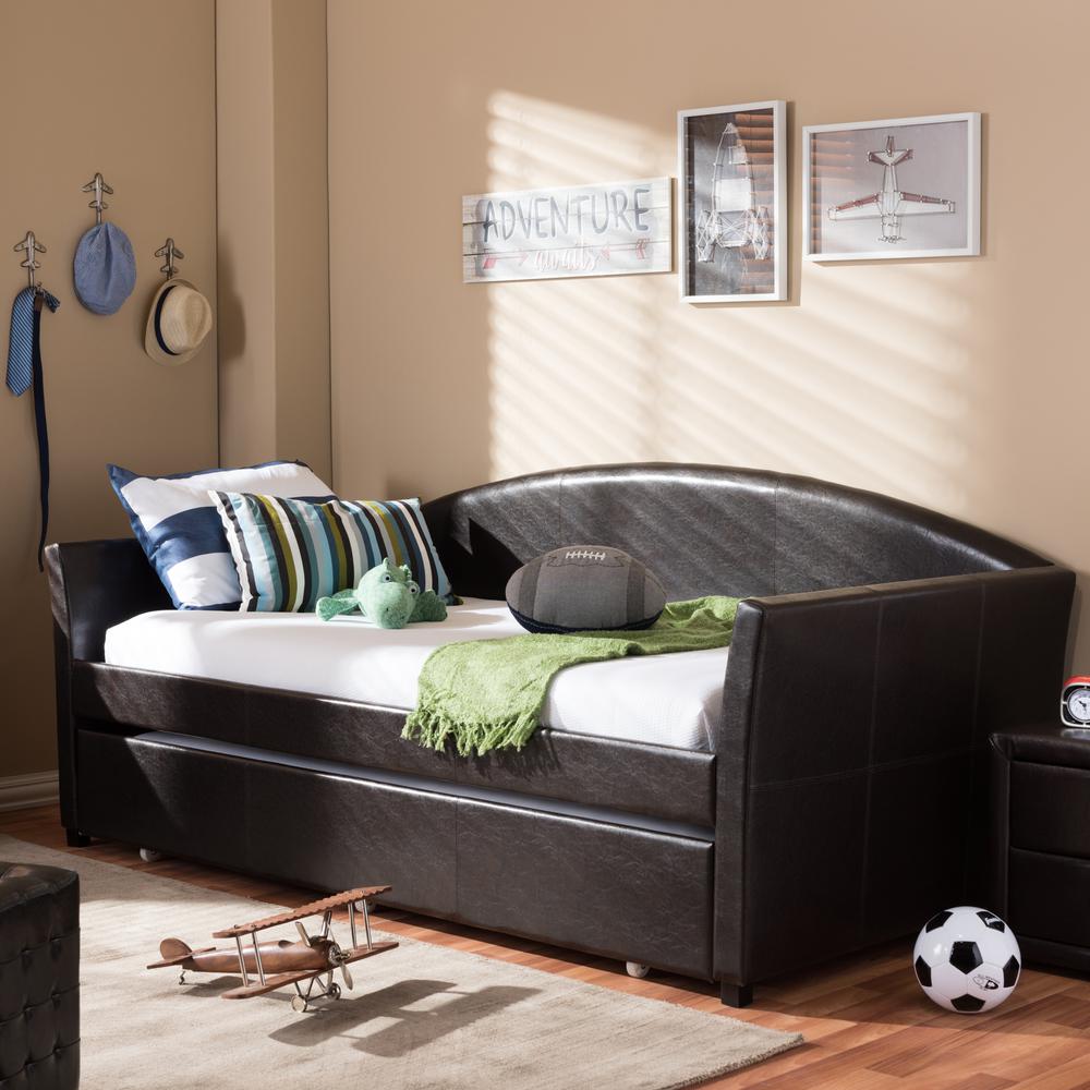 London Modern and Contemporary Brown Faux Leather Arched Back Sofa Twin Daybed. Picture 17