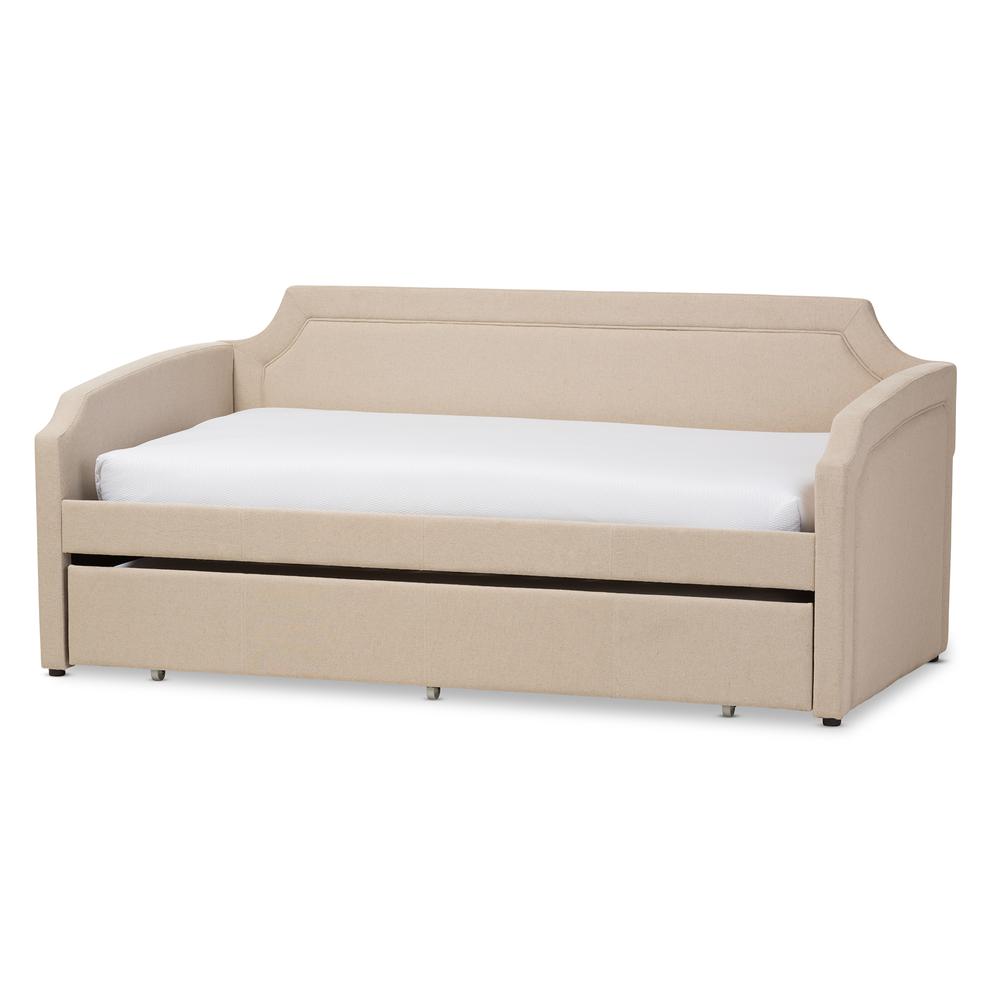 Fabric Curved Notched Corners Sofa Twin Daybed with Roll-Out Trundle Guest Bed. Picture 11