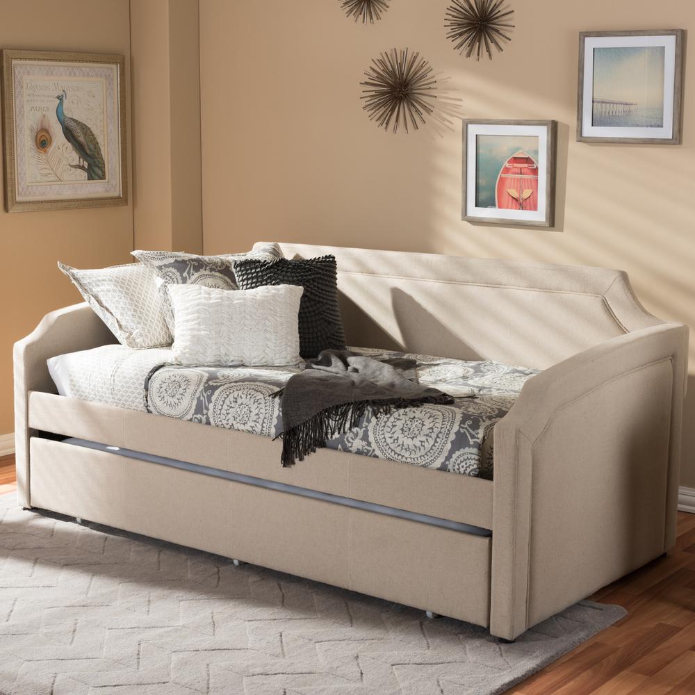 Fabric Curved Notched Corners Sofa Twin Daybed with Roll-Out Trundle Guest Bed. Picture 10